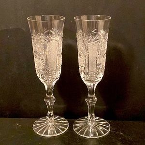 set of 2 Bohemian Heavy Cut Crystal Champagne Flutes Vintage